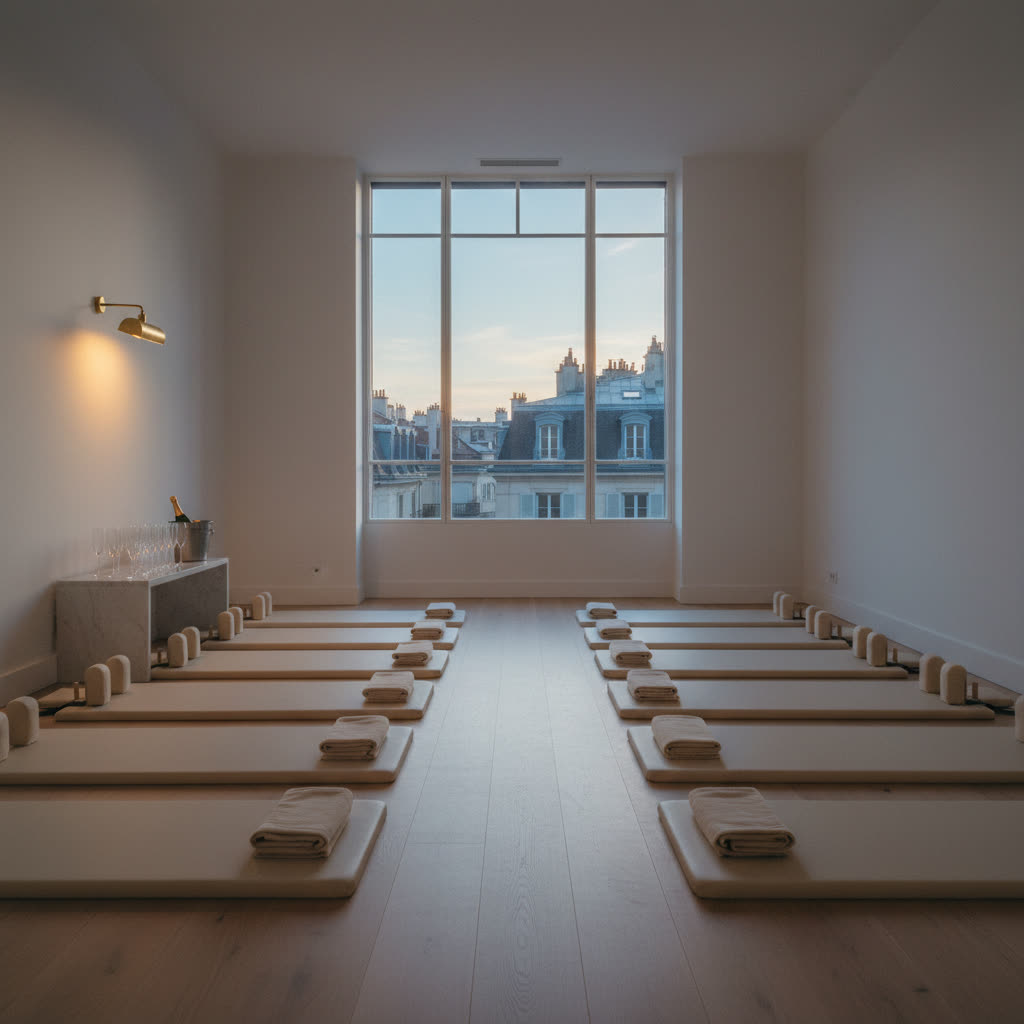 Geneva studio at dusk — twelve mats, champagne flutes, brass picture light