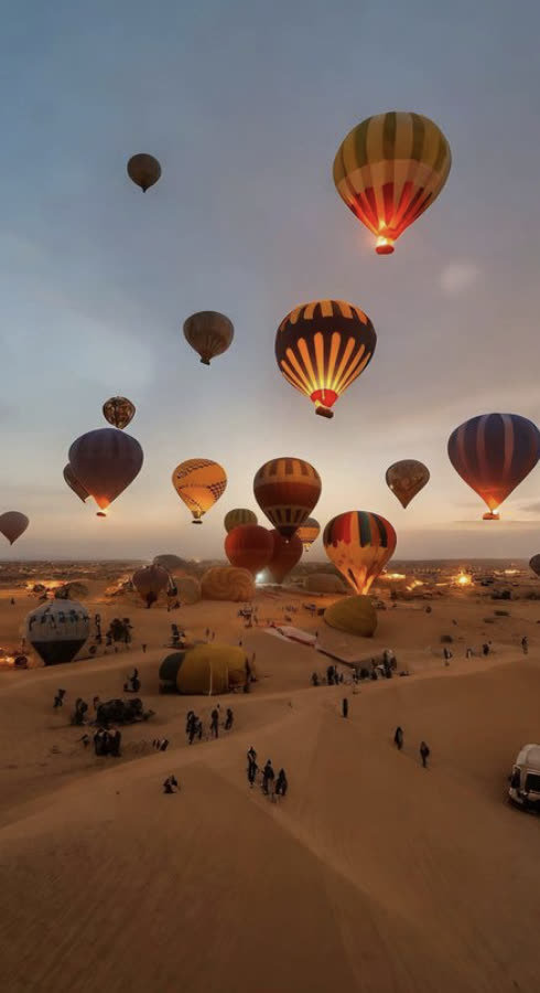 Hot-air balloon over the Moroccan desert at dawn