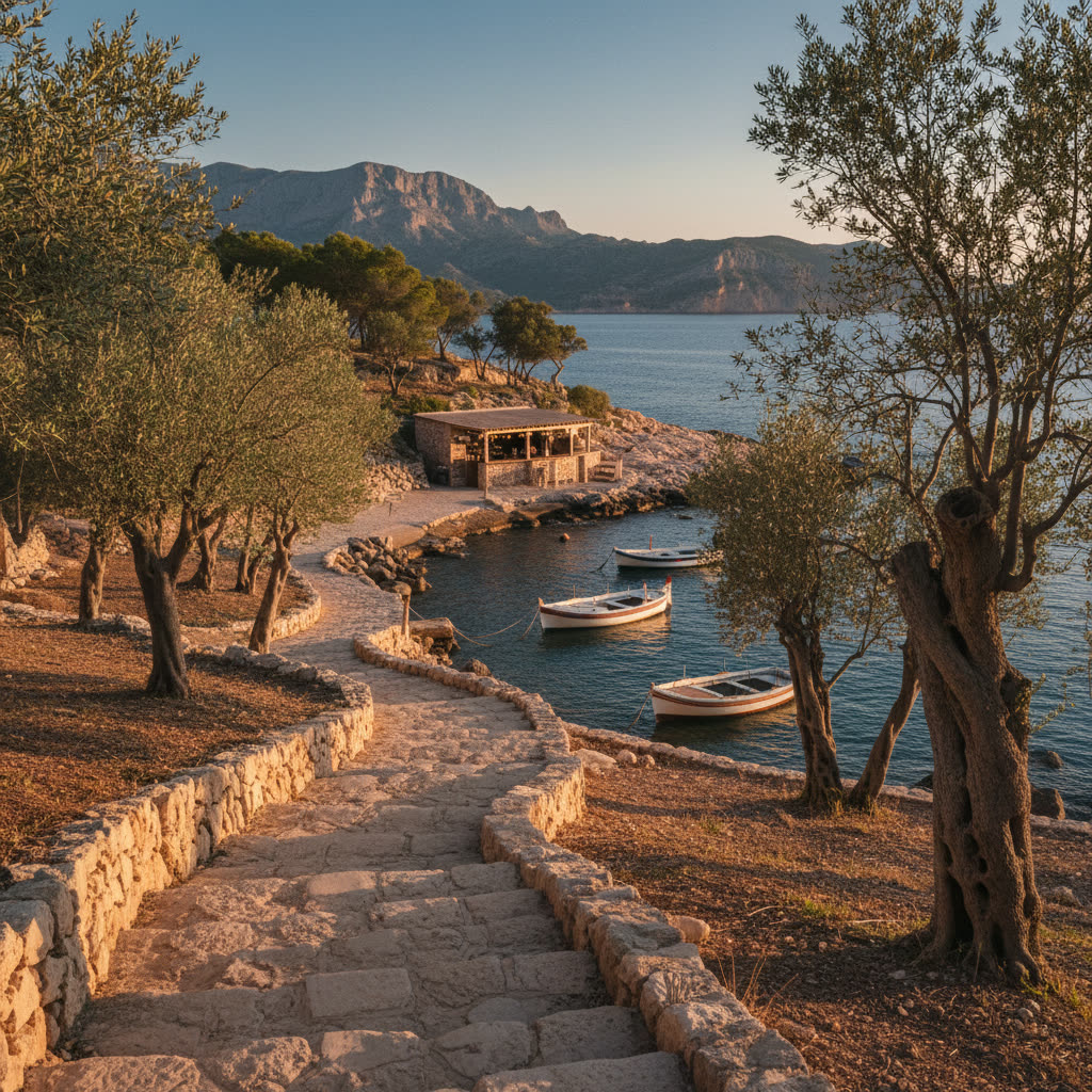 Stone path down to a small harbour bar at dusk