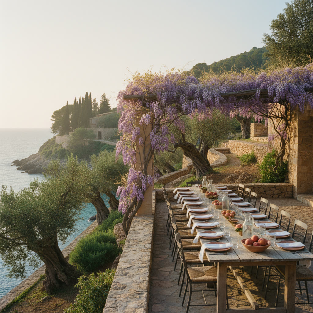 Mallorca Spring 2027 — long table set for twenty under wisteria, Deià at golden hour