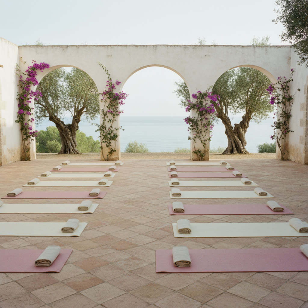 Twenty mats laid out under stone arches above the Mediterranean