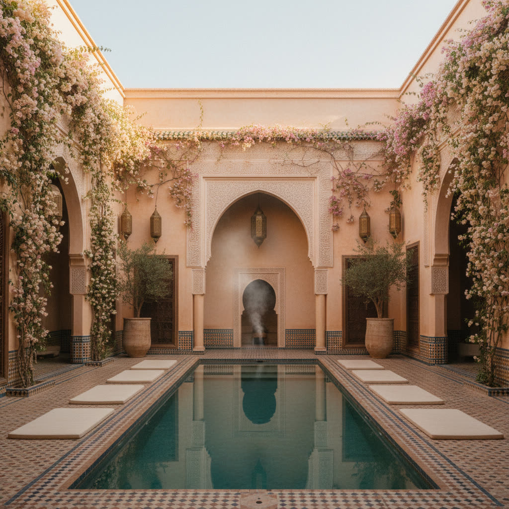 Marrakech retreat — riad courtyard with bougainvillea, plunge pool, brass lanterns