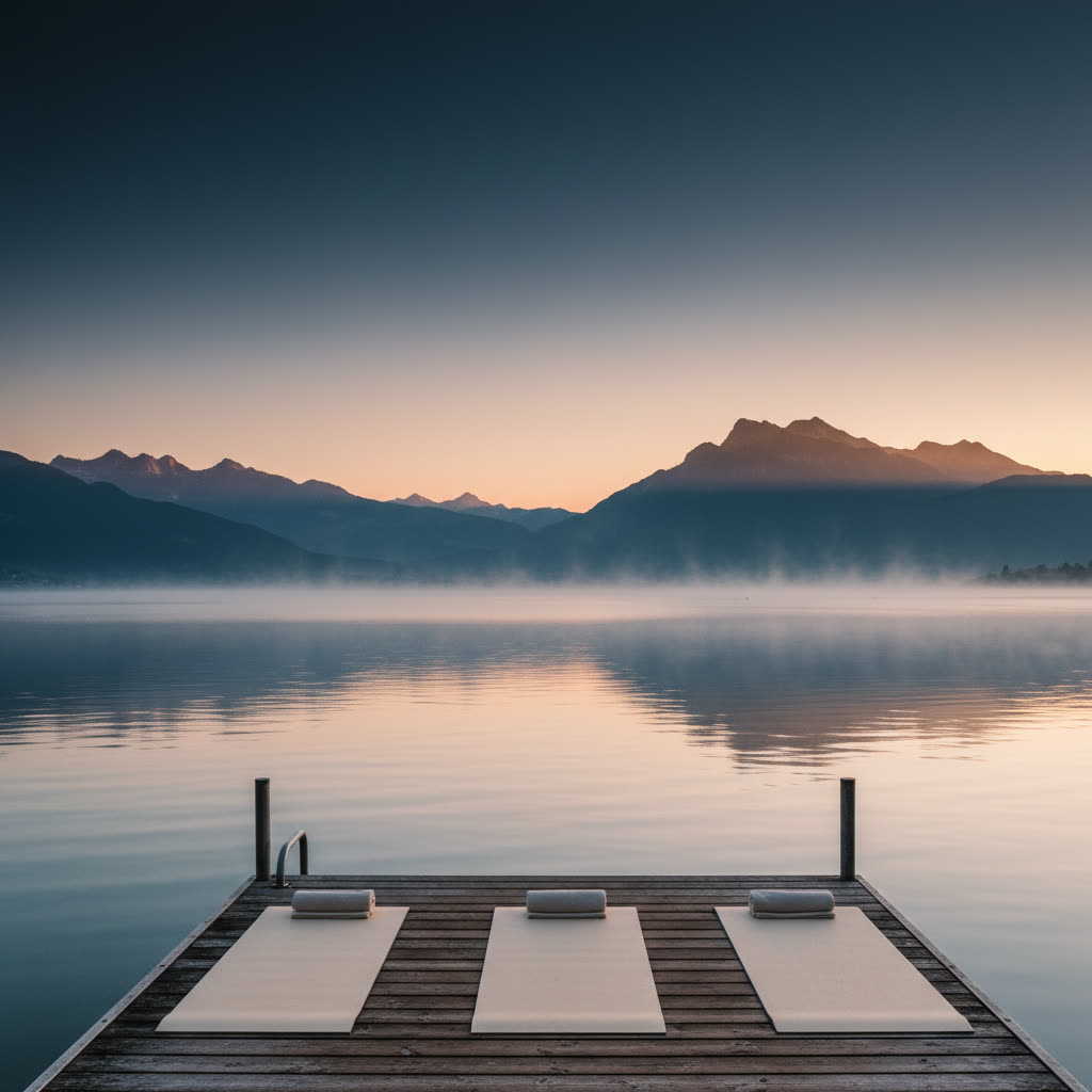 Sunrise on the Vierwaldstättersee — alpenglow on the peaks, mats on the dock